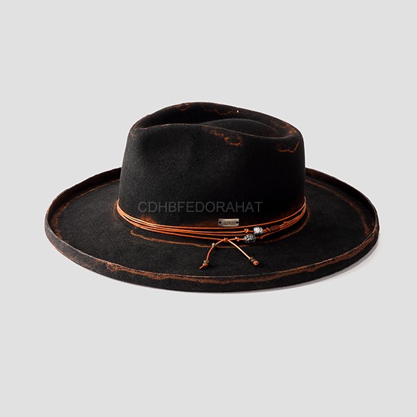 Vintage Men Winter Outdoor Distressed Style 100% Hand Made Large Brim Fedora Hat  