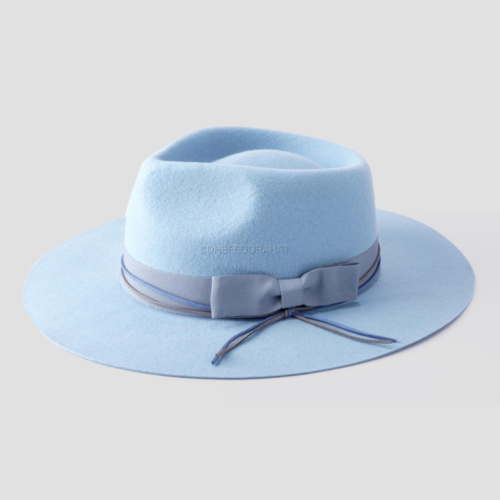 Wholesale Women 100% Australian Wool Luxury Blue Medium Brim Fedora Hat Unisex  