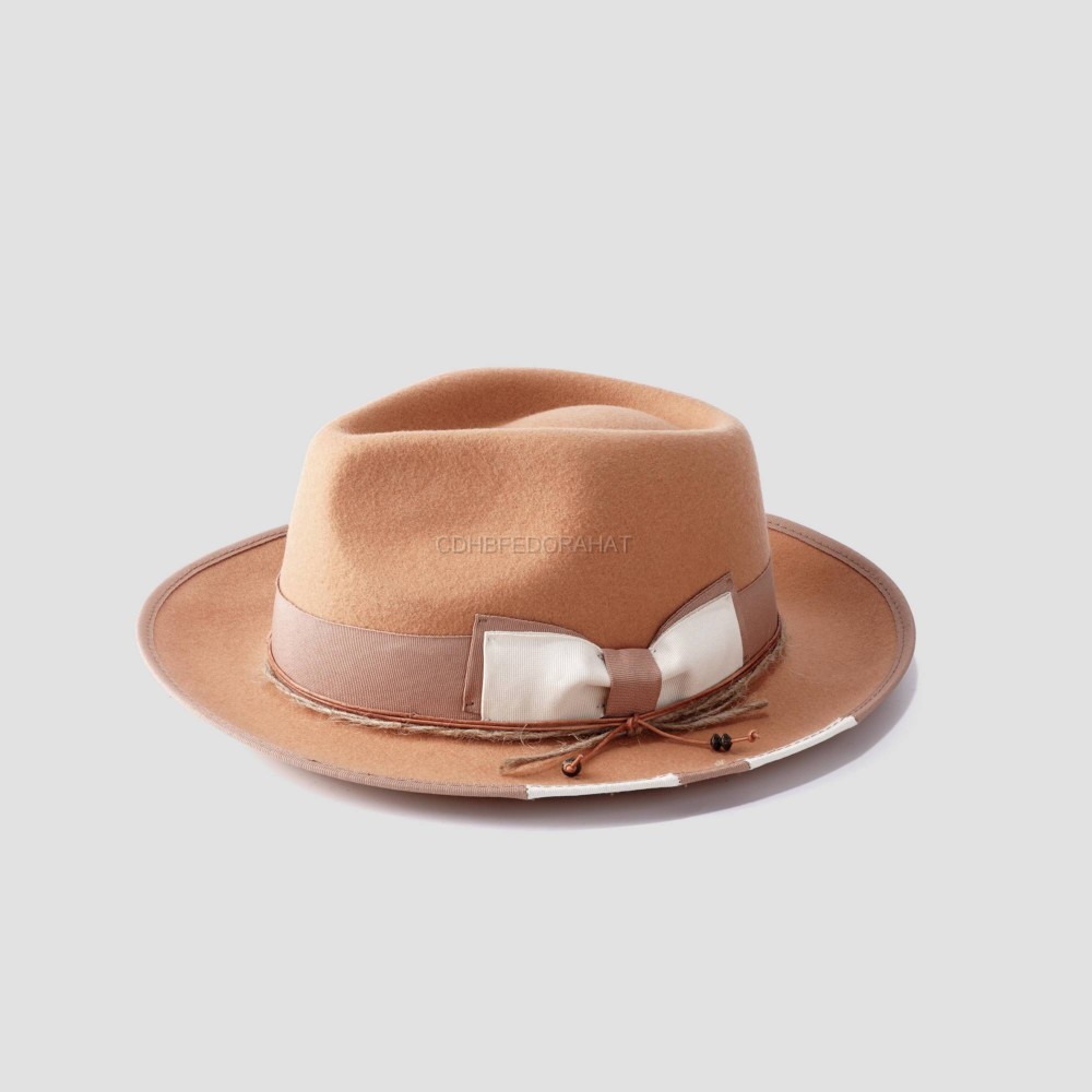 Stylish Design Breathable Small Brim 100% Wool Camel Lady Women Fedora Hat With Bow String Decor