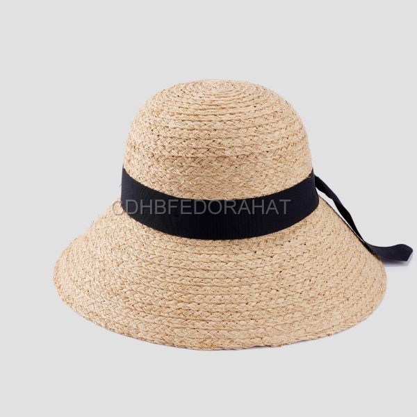 Custom solid color black bow design women straw bucket hat 