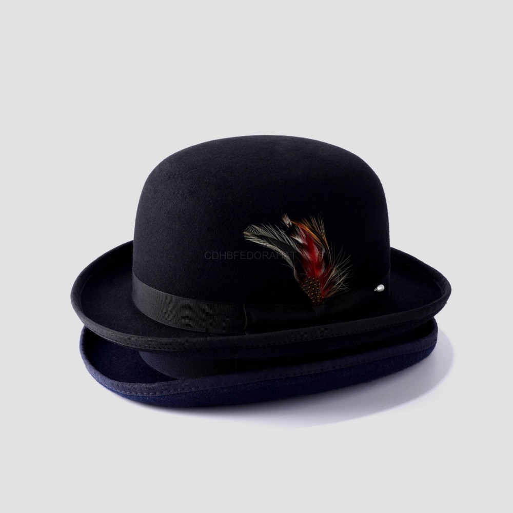 Classic Short Rolled Brim Black Party Gentleman Bowler Fedora Hat With Feather Bow   Decor