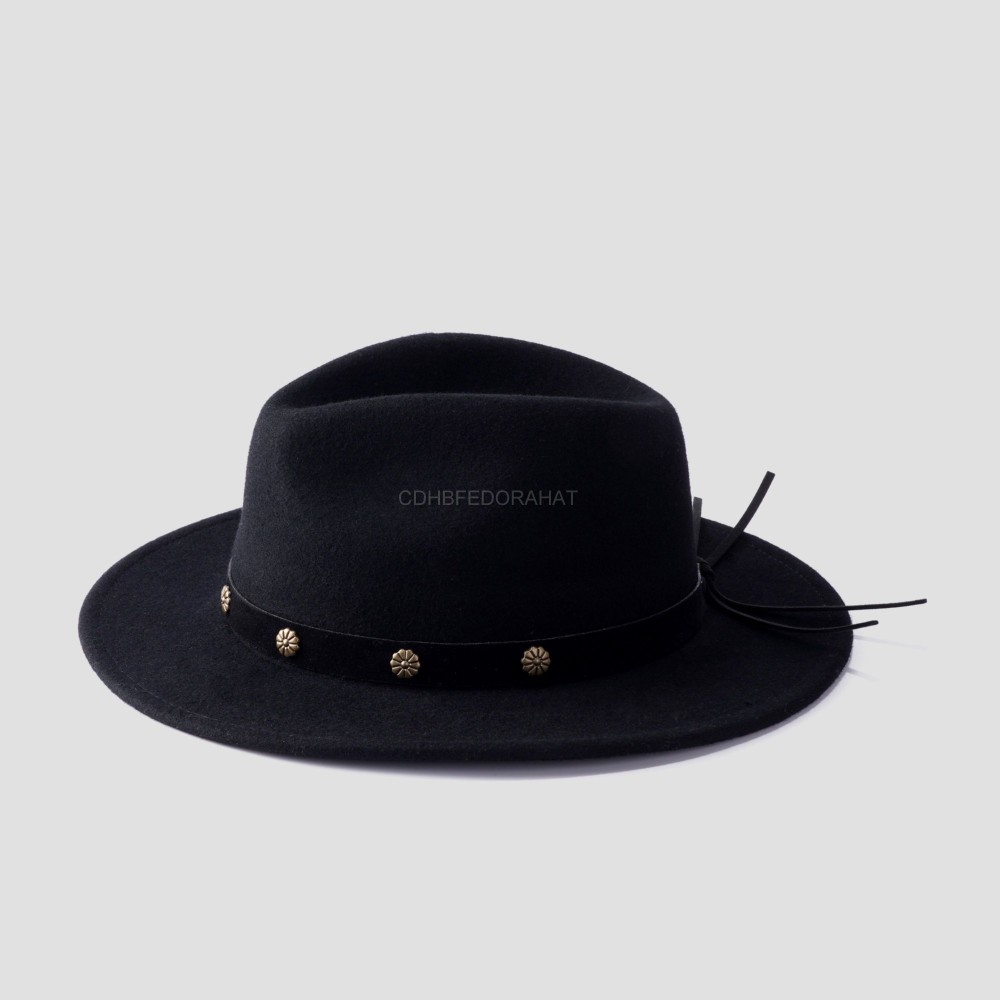 Black Classic Mid brim unisex fedora hat with rope decoration