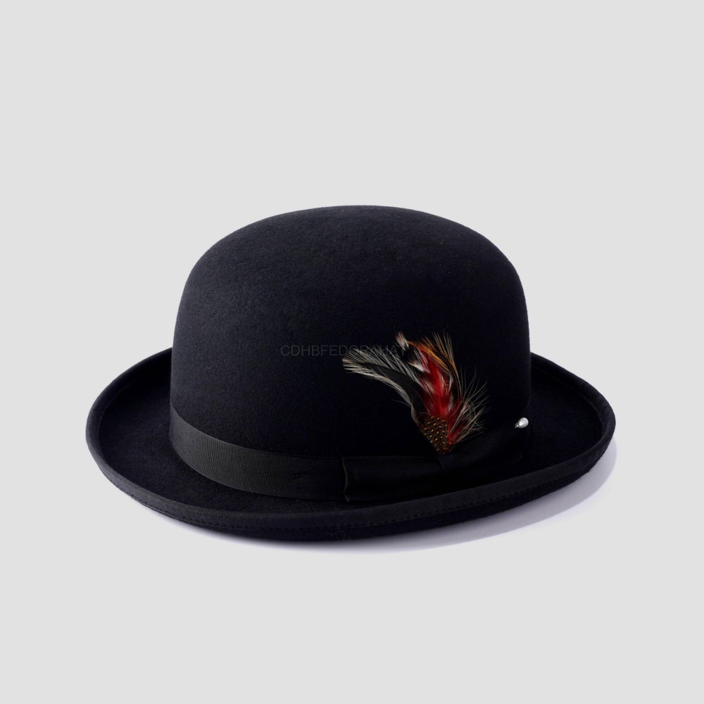 High Quality Wool Satin Lining Black Felt bowler Hat With Feather 