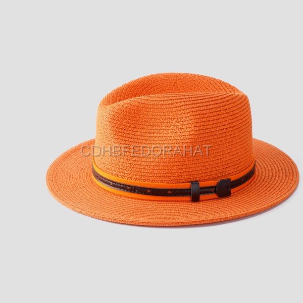  Personality Orange Unisex 6cm Brim Straw Fedora Hats With Leather Decor