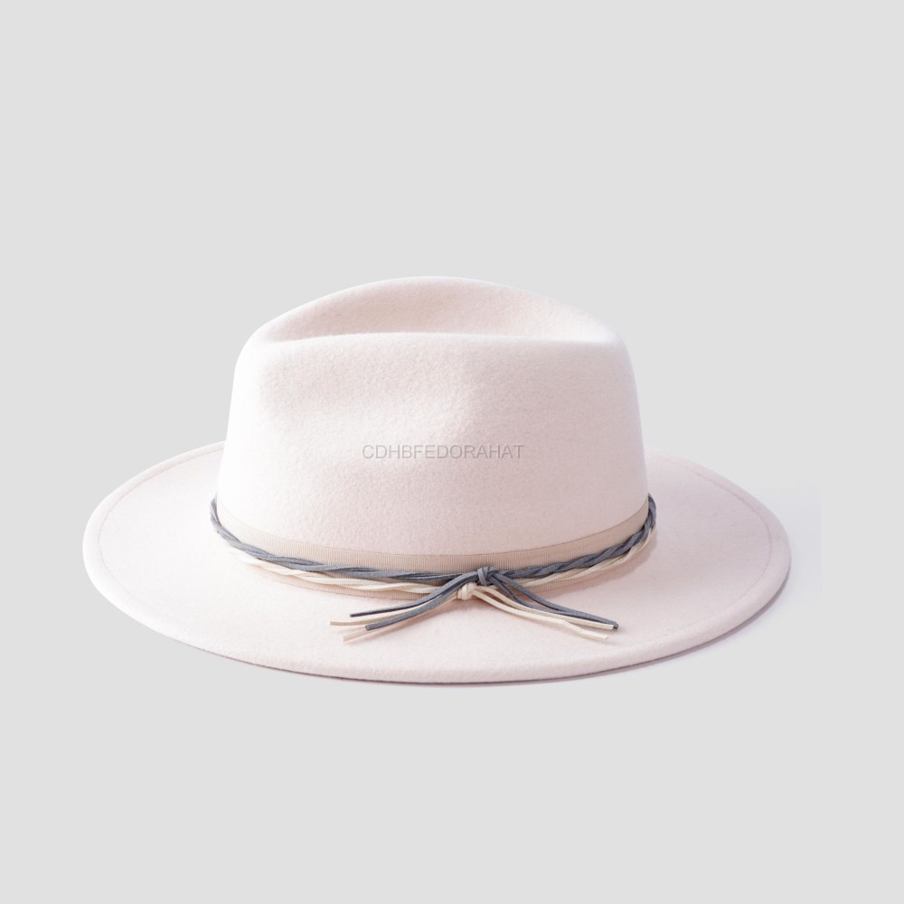 Gentle apricot colored women's Panama Fedora hat with straps