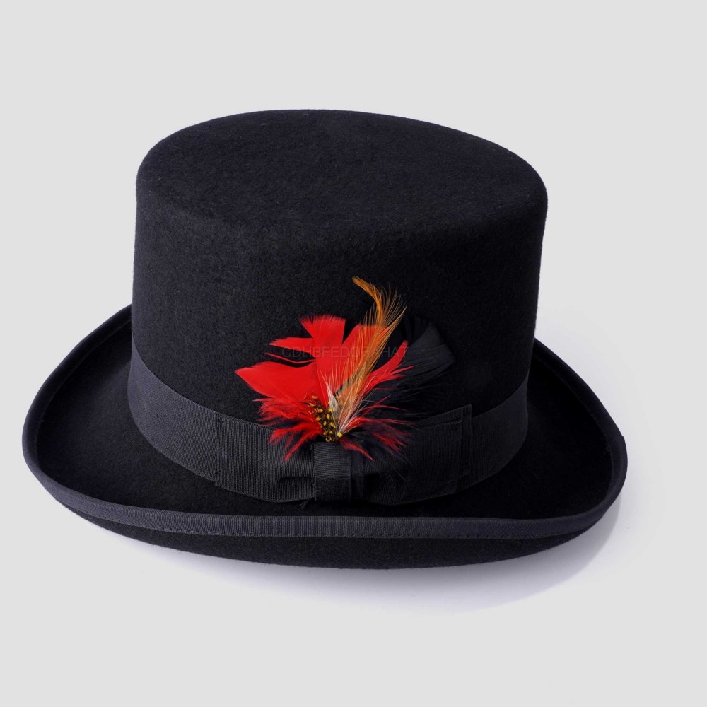 Classic Perfect Black Flat Top Hat with feather for Men Woman