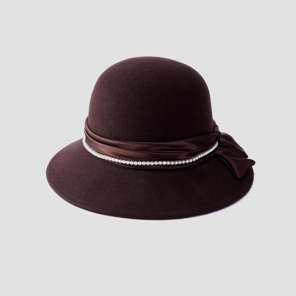 Vintage Bowler Bell Shaped Pure Wool Ladies Women Cloche Hat With Pearl Ribbon