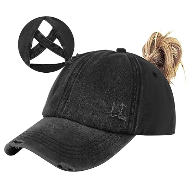 Women's ponytail crossed baseball cap adjustable cotton distressed dad truck driver hat