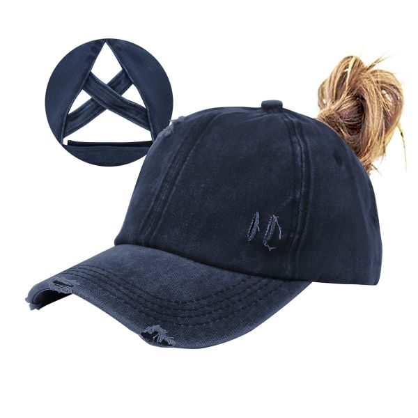  Retro fashion distressed washed high ponytail cross baseball cap