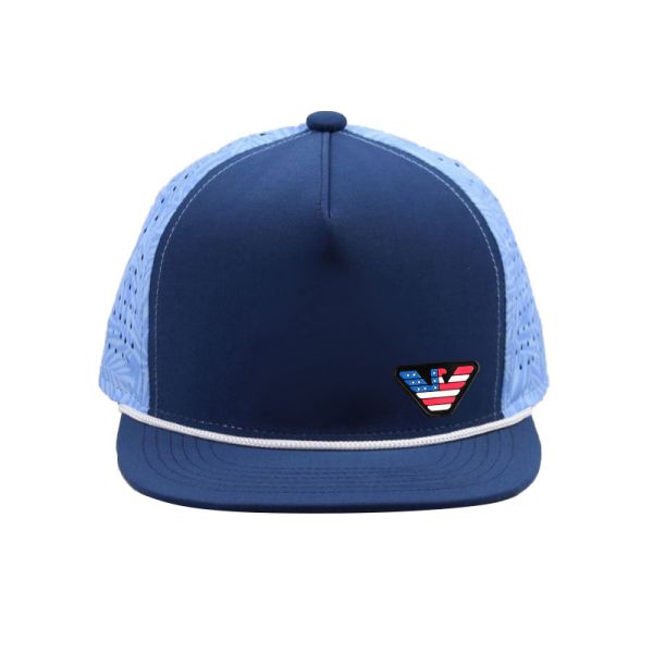 Flat Brim 5 Panel Blue Printed Back Mesh Laser Cut Holes Snapback Hat